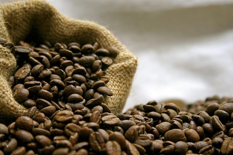 麻袋からこぼれる、焙煎したコーヒー豆