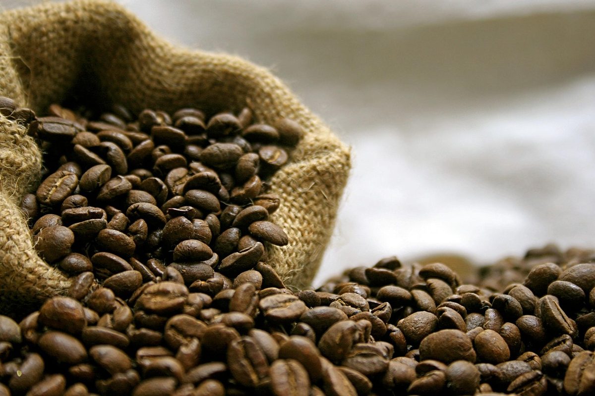 麻袋からこぼれる、焙煎したコーヒー豆